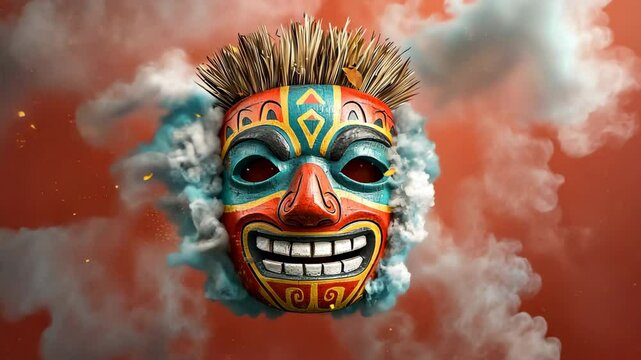 The colourful tiki mask depicted on the red background appears to have intricate details and vibrant hues that have been digitally enhanced through the use of advanced technology