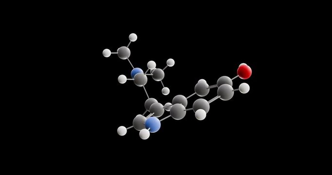 Bufotenin molecule, rotating 3D model of alkaloid, looped video on a black background