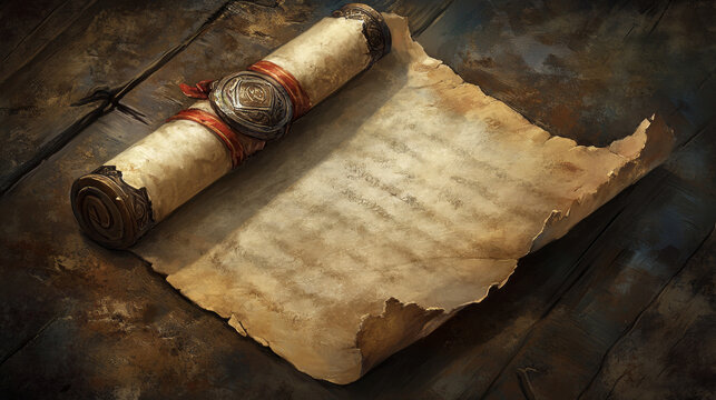 Old magic parchment paper scroll game ui icon. Ancient medieval papyrus roll frame for fantasy fairy tale message. School library manuscript. Vintage rolled law or scripture document with seal object