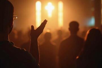 A religious man holding his hands up in worship as people in a church congregation sings hymns and songs in praise of God. Christian worshippers during Christmas vigil, Good Friday, Easter Sunday.