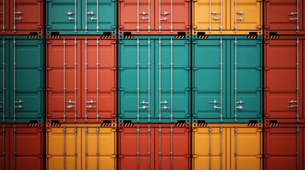 Colorful shipping containers stacked together, showcasing vibrant mix of red, teal, and orange hues. industrial design highlights structure and functionality of cargo transport