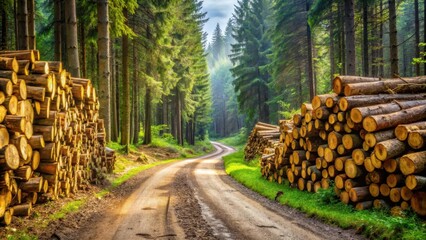 Wood pile on winding forest road , landscape, nature