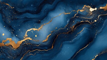Luxurious abstract blue marble texture with shimmering gold splashes on rich blue background for elegant design and high-end creative projects