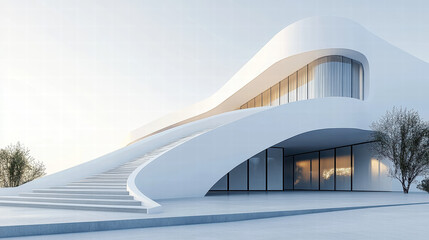 Obraz premium Modern white building with curved walls and stairs, exterior view, architectural rendering, minimalist style