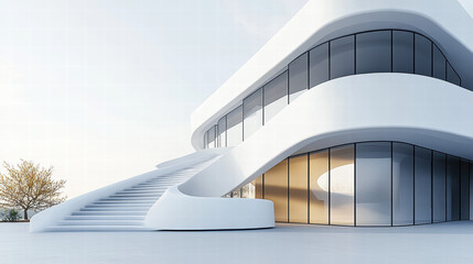 Modern white building with curved walls and stairs, exterior view, architectural rendering, minimalist style