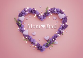 Obraz premium MOM & DAD written above a heart shape of fluffy purple flowers with pink hearts and green leaves scattered around