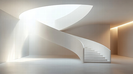 White interior, modern architecture with a white spiral staircase minimalist style