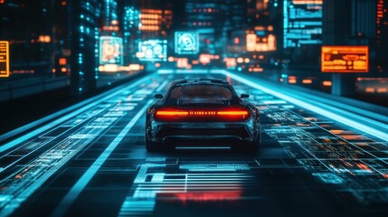 Fototapeta premium Futuristic Cityscape with a Black Sports Car