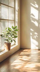 Concept of financial freedom and loan paid. A potted plant by a sunlit window casting soft shadows on the floor.