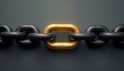 Obraz premium Horizontal chain with black and gold links on gray background.Strength. Connection. Unbreakable bond.Concept illustrations, industrial designs, symbolic graphics.