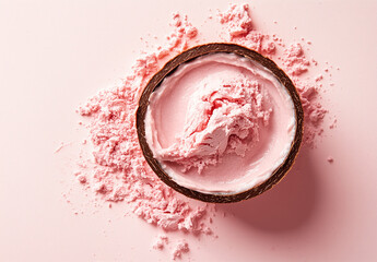 Close-up of a pink clay cosmetic texture for the face and body, a cream or mask with oil