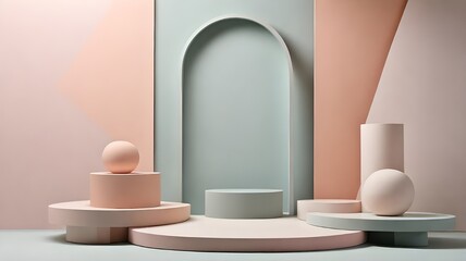 Abstract podiums with minimalist designs, shadow play, and pastel tones, crafted for clean and stylish product displays.
