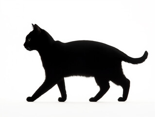 A silhouette of a black cat walking against a stark white background. The minimalist design emphasizes contrast and elegant feline motion.