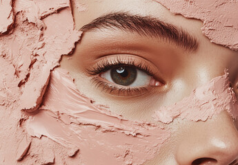 Pink clay cosmetic texture on the background, close-up. Background of smudged cream for face or body mask. Close-up of a pink creamy swatch.