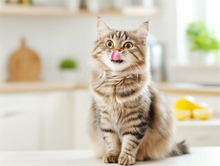 A mischievous tabby cat sits on a kitchen counter, licking its lips with a playful expression. The bright and modern kitchen adds a homely touch.