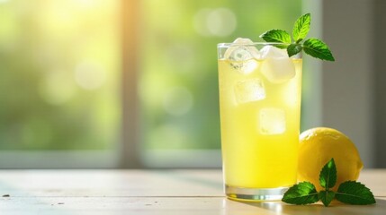 Refreshing Iced Lemon Beverage with Mint Garnish on a Sunny Day