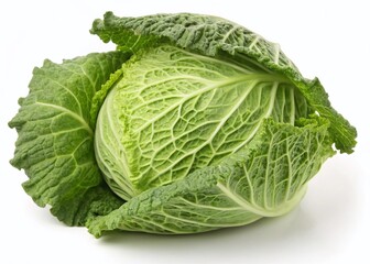 Fototapeta premium Fresh Green Cabbage Isolated on White Background, Crisp Vegetable, Full Depth of Field, High-Resolution Stock Photo