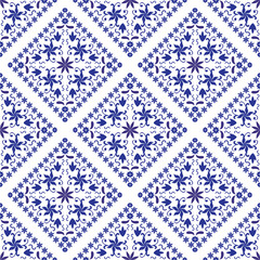 Deep blue and indigo color Arabic floral ethnic square motif seamless pattern for wallpaper and tile