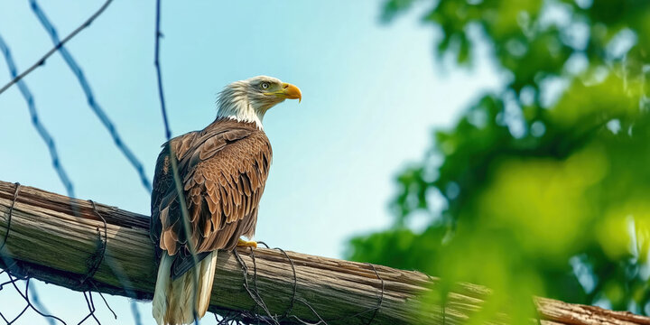 Majestic bald eagle perched on a weathered fence post.