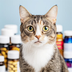 Fototapeta premium A close-up of a tabby cat with wide green eyes, sitting next to a collection of medicine bottles on a clean surface, suggesting care or curiosity.