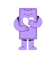 Phone mascot clicks on like in the Internet. Happy smartphone presses with finger on love symbol on screen. Telephone character with heart sign. Flat isolated vector illustration on white background