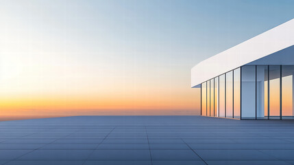 Obraz premium Minimalist white house with glass windows on the roof, overlooking an ocean at sunset