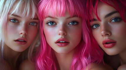 Naklejka premium Three young women with colorful hair and bold makeup close-up