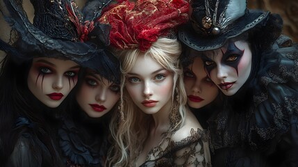 Obraz premium Four Women in Gothic Victorian Costumes with Dramatic Makeup