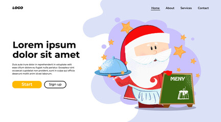 Cute Santa Claus presenting restaurant menu. New year dinner concept. Vector illustration can be used for landing page design