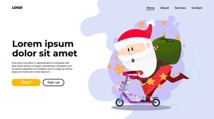 Excited cartoon Santa with bag of gifts riding scooter decorated with fairy lights. Gifts delivery concept. Vector illustration can be used for banner design or landing page