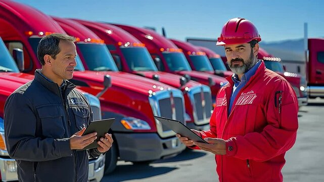 With the vehicles in the lot shining from recent maintenance, a fleet supervisor uses a tablet to talk with a driver about logistics.