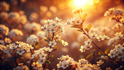 Fototapeta premium beautiful floral vista featuring delicate white flowers illuminated by warm sunlight, creating serene and tranquil atmosphere. sepia tones enhance vintage feel of scene