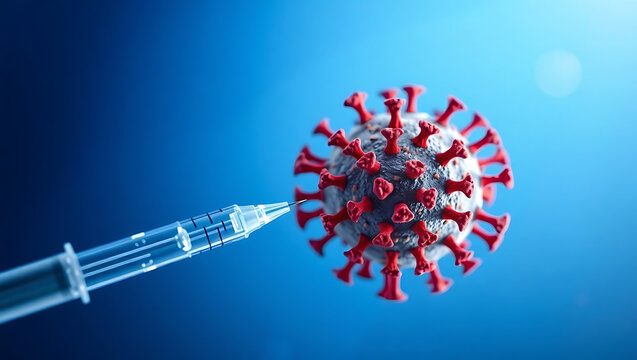 Coronavirus and Vaccine Syringe on Blue Background