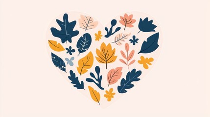illustration heart filled with nature elements like leaves, butterflies, and blossoms on a gentle pink canvas 