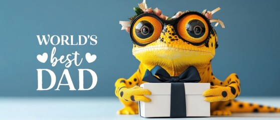 Adorable Gecko Holding Gift Celebrates Worlds Best Dad, Fathers Day