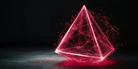 Glowing pink geometric pyramid in dark space