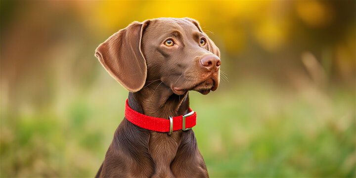 Brown dog with a red collar looking attentively in a sunny field. The background of blurred green grass adds a peaceful, natural atmosphere. - Powered by Adobe