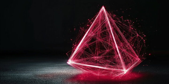 Glowing pink geometric pyramid in dark space