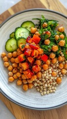 Close-up of a plate of roasted vegetables garnished with herbs, showcasing vibrant colors and textures.