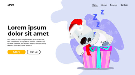 Sweet cartoon dog sleeping on present box. Christmas gifts concept. Vector illustration can be used for banner design or landing page