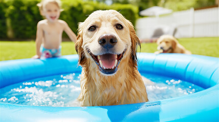 Happy golden retriever enjoying a splash in a backyard pool, evoking summer joy and playful pet moments in a vibrant and cheerful outdoor environment.
