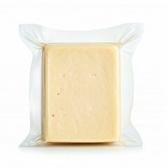 vacuum sealed block of yellow cheese isolated on white background