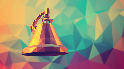 A hologram of a bell. Notifications of polygons, triangles of points, and lines. The bell is a low-poly compound structure. The technology concept.