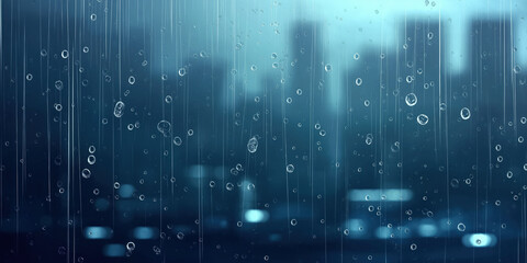 Rain streaks on window, city blurred