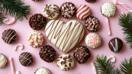 playful heart illustration surrounded by candy canes and chocolates on a whimsical pink background 