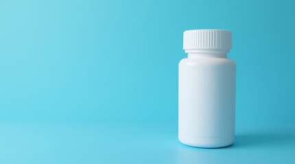 White mockup plastic bottle with screw cap on a blue background. Minimalist studio shot with copy space