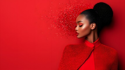Dynamic Display of Fashion: AI-Enhanced Model Portrays Bold Red Elegance with Stunning Glitter Effects. Genetative AI Concept