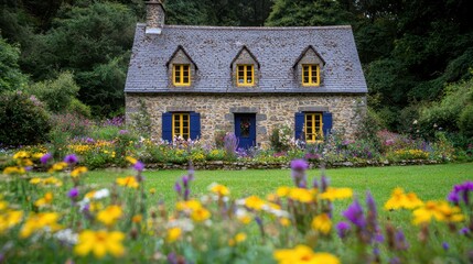Charming stone cottage surrounded by vibrant flowers in a lush green garden landscape