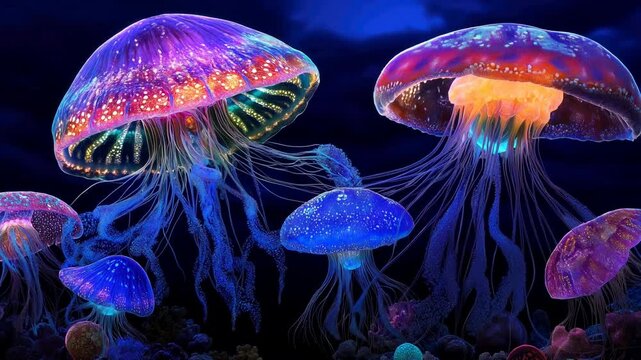 Colorful jellyfish floating in a dark underwater scene, with intricate, bioluminescent patterns and long trailing tentacles. Slow motion