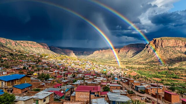 Stunning double rainbow arcs over colorful village nestled in lush mountains after rainstorm near sunset